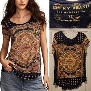 Lucky Brand Women's Persian Carpet Tee • Navy Background • Lightweight •  XL@m